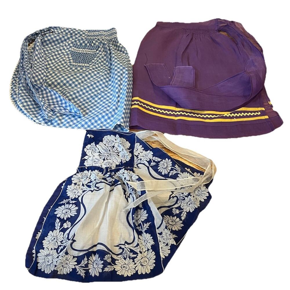 Vintage Lot Of 3 Handmade Half Aprons Floral Hankies Gingham Semi Sheer